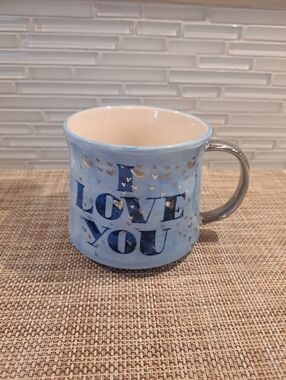 Anthropologie Mug I Love You/Me Too  Blue with Silver Hearts & Stars